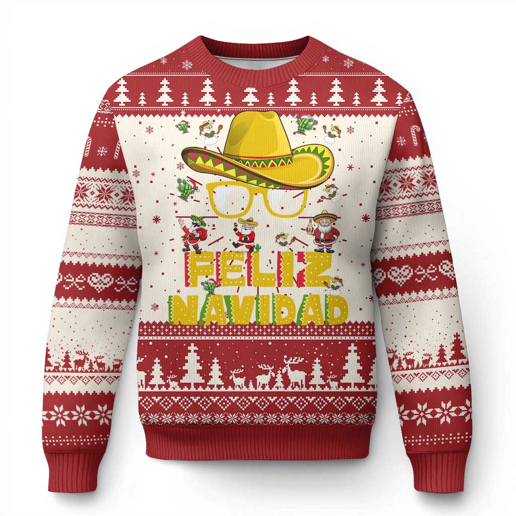 Red festive sweater with sombrero, glasses, and Feliz Navidad graphic; long sleeves.