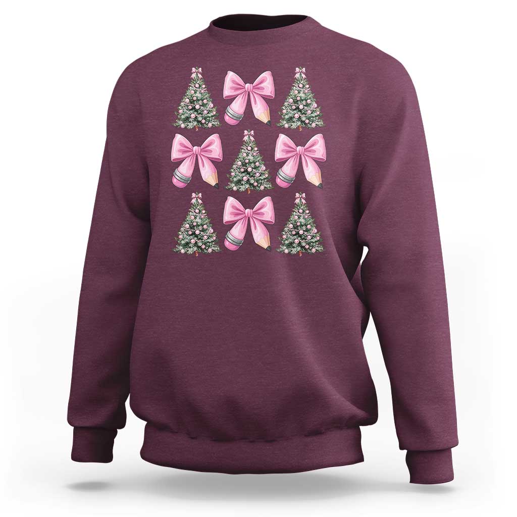 Coquette Bow Christmas Sweatshirt Girly Xmas Tree Teacher Pencil Bow - Wonder Print Shop
