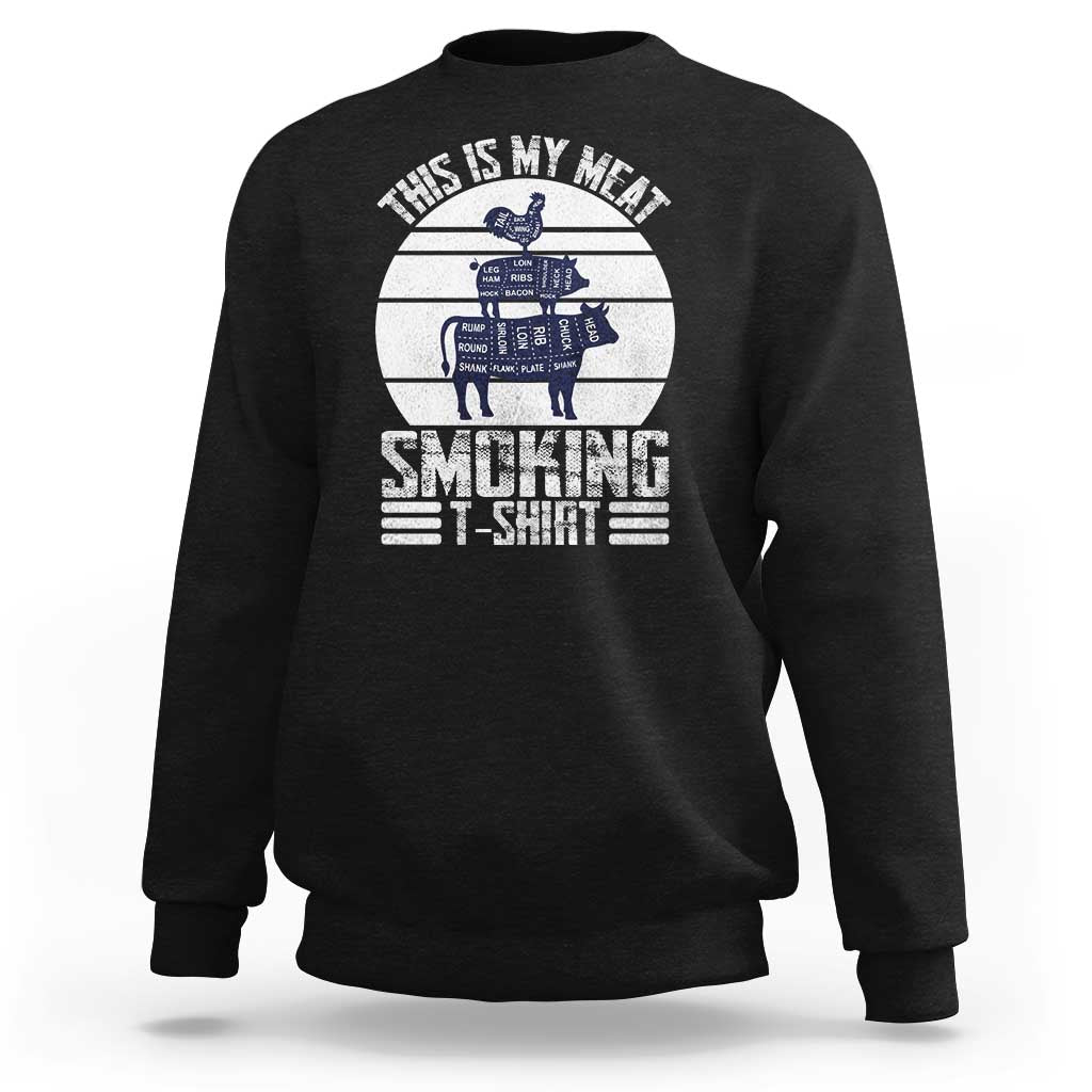 Black BBQ sweatshirt with retro smoker graphic and "This is my meat" print