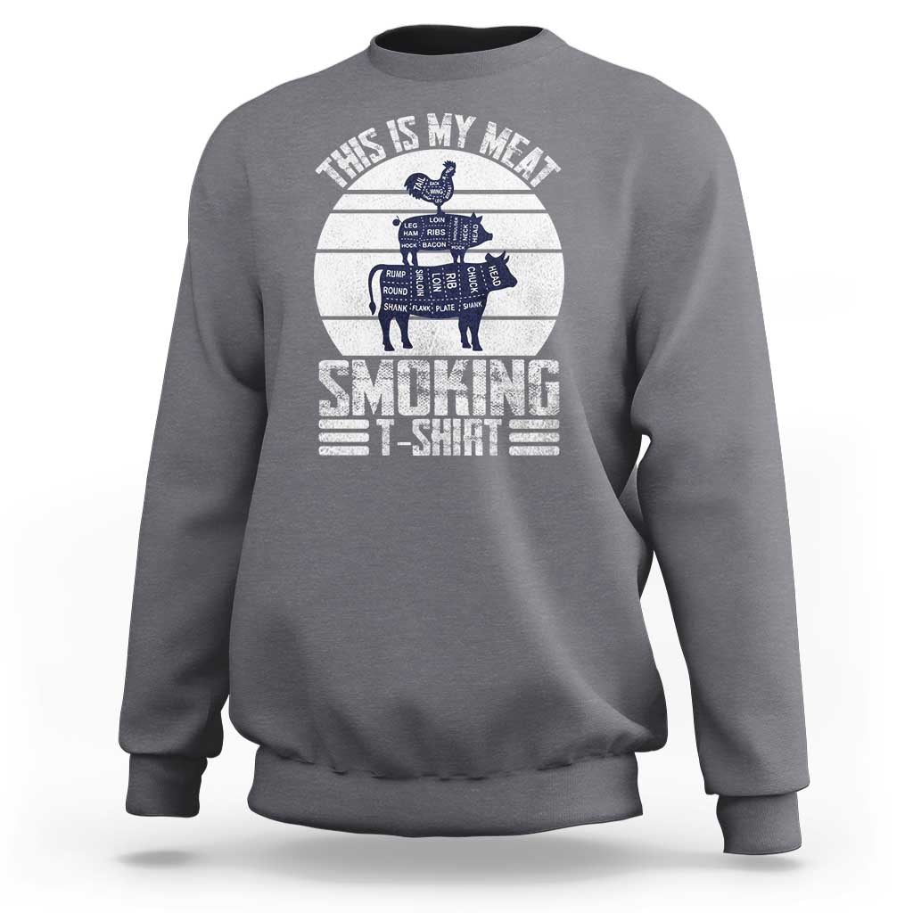 Charcoal BBQ sweatshirt with retro smoker graphic and "This is my meat" print