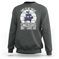 Dark heather BBQ sweatshirt with retro smoker graphic and "This is my meat" print