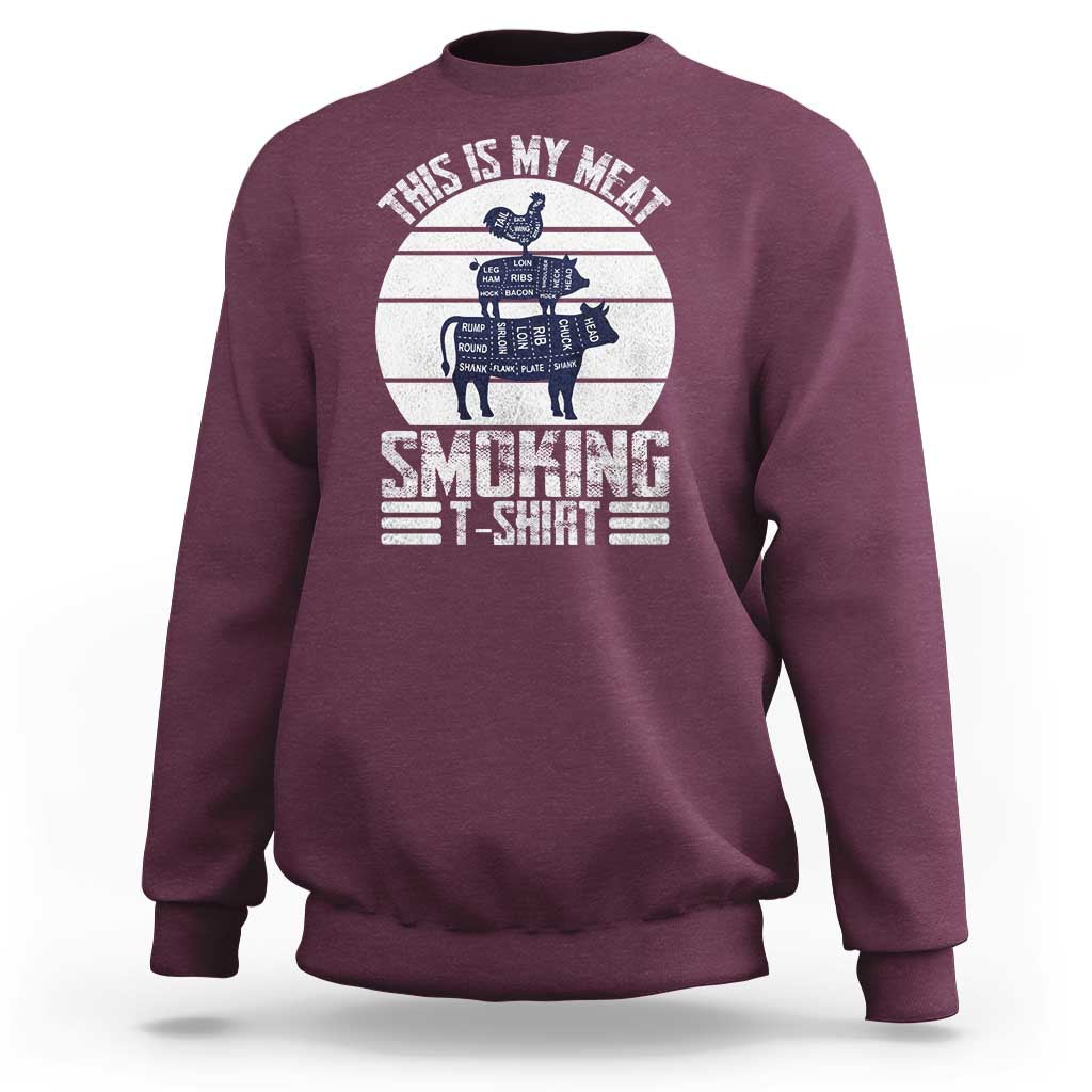 Maroon BBQ sweatshirt with retro smoker graphic and "This is my meat" print