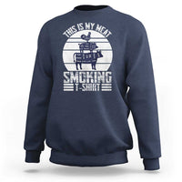 Navy BBQ sweatshirt with retro smoker graphic and "This is my meat" print