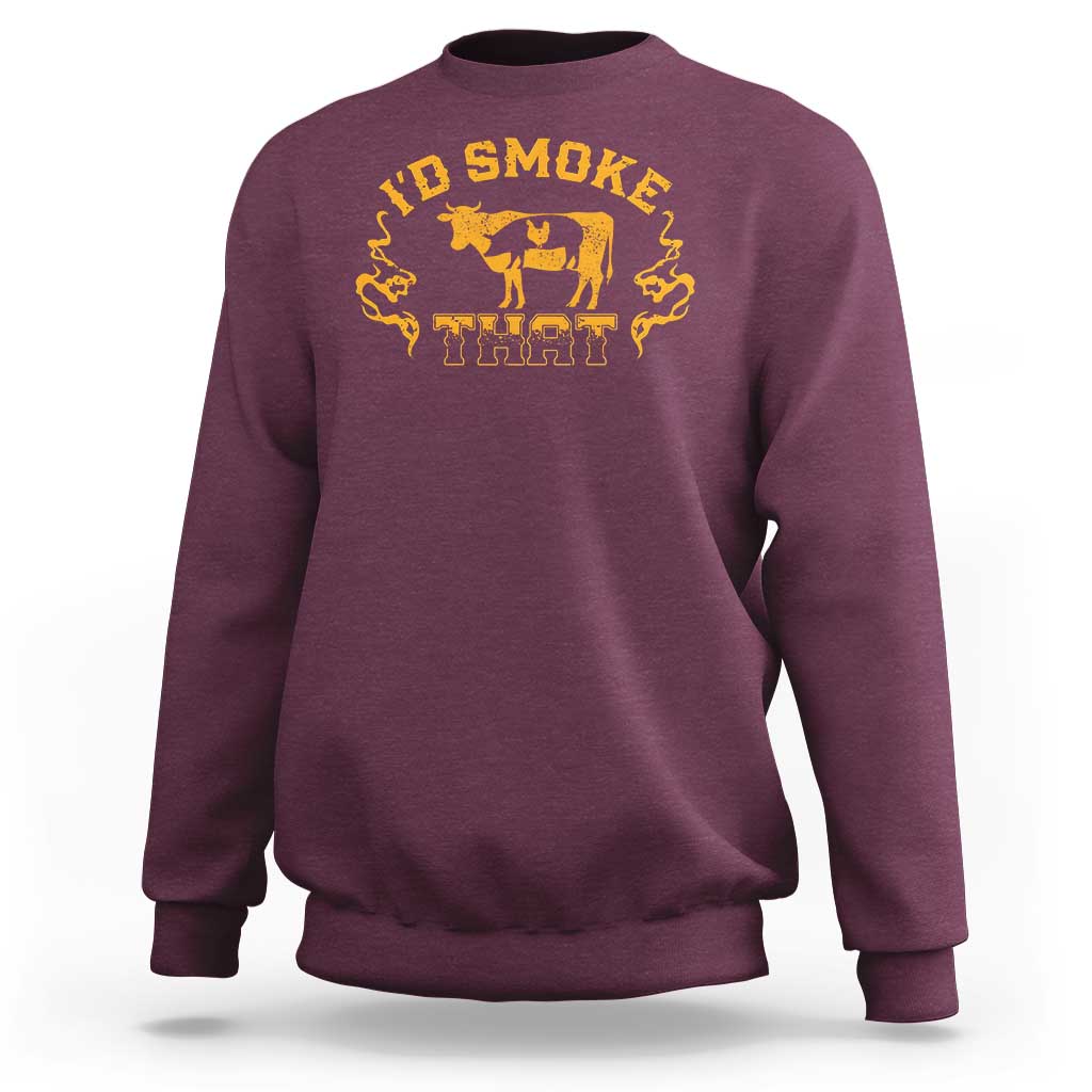 Maroon crewneck sweatshirt with yellow BBQ pig graphic and 'I'd smoke that' slogan on chest
