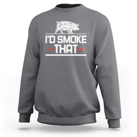 Charcoal gray crewneck sweatshirt with "I'd Smoke That" BBQ graphic and long sleeves