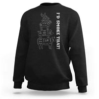 Black crewneck sweatshirt with back BBQ graphic and 'I'd Smoke That' text