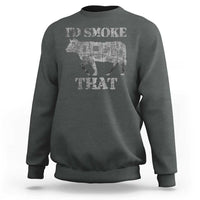 Charcoal funny BBQ sweatshirt with back cow graphic and “I’d smoke that” text