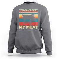 Gray BBQ grill graphic sweatshirt with bold back slogan and grill illustration