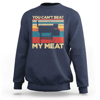 Navy BBQ grill graphic sweatshirt with bold back slogan and grill illustration