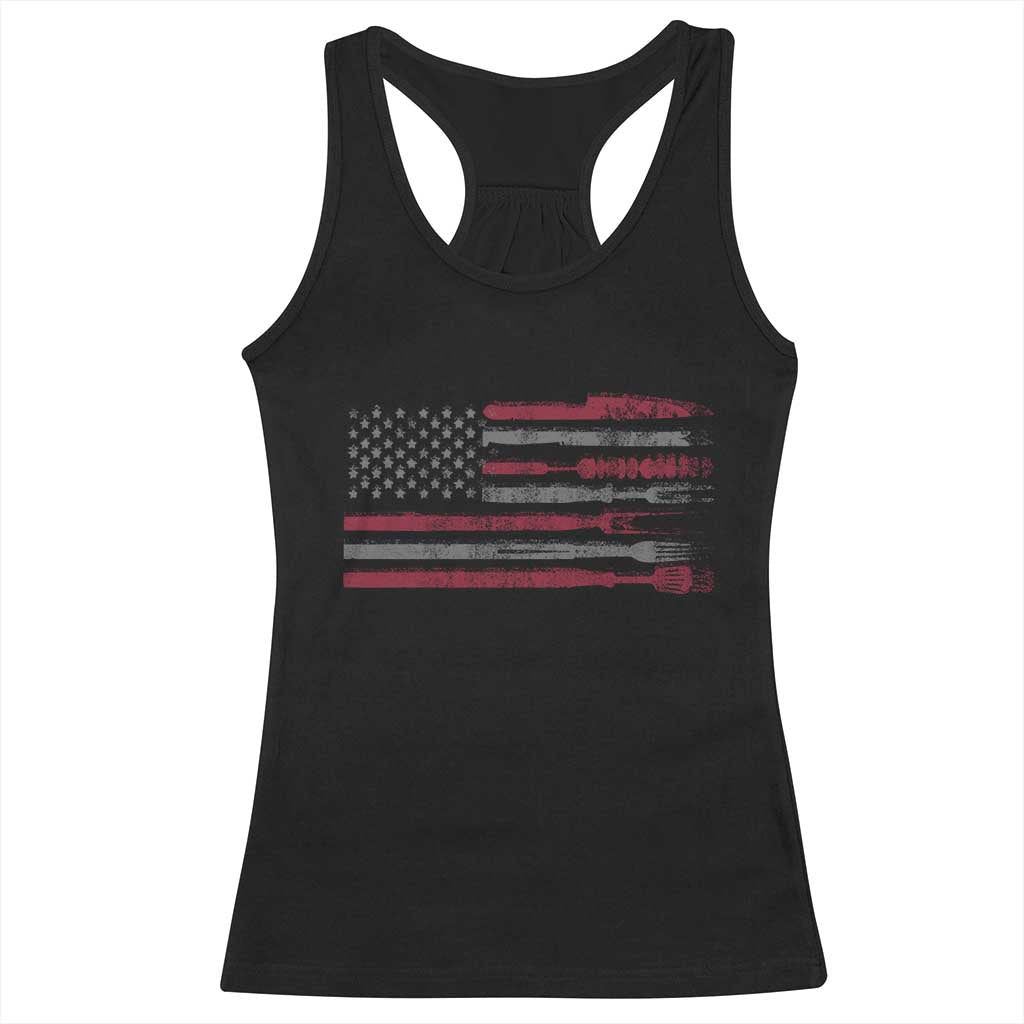 BBQ Racerback Tank Top With Red Line American Flag Meat Smoker Grilling Gifts