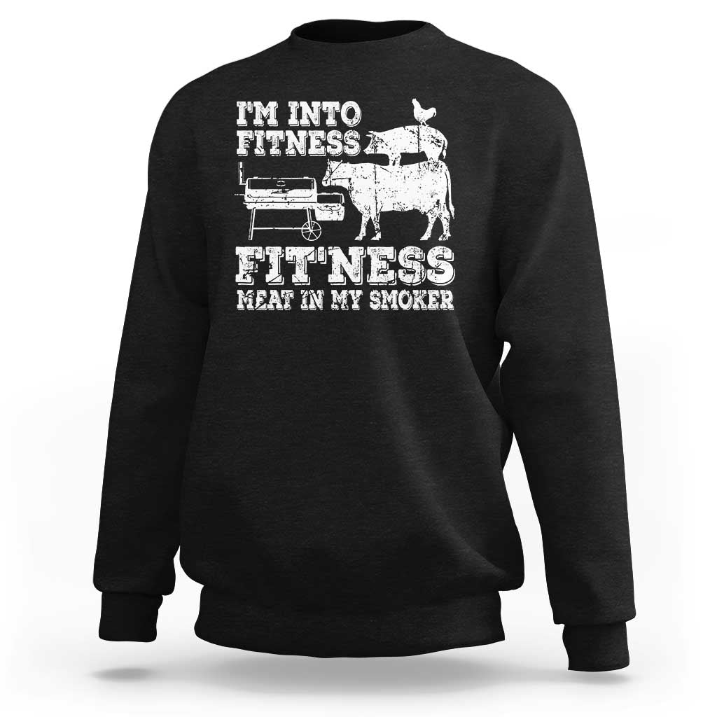 Black crewneck sweatshirt with front fitness bbq meat-at-smoker graphic