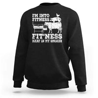 Black crewneck sweatshirt with front fitness bbq meat-at-smoker graphic