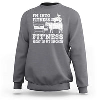 Charcoal gray crewneck sweatshirt with front fitness bbq meat-at-smoker graphic