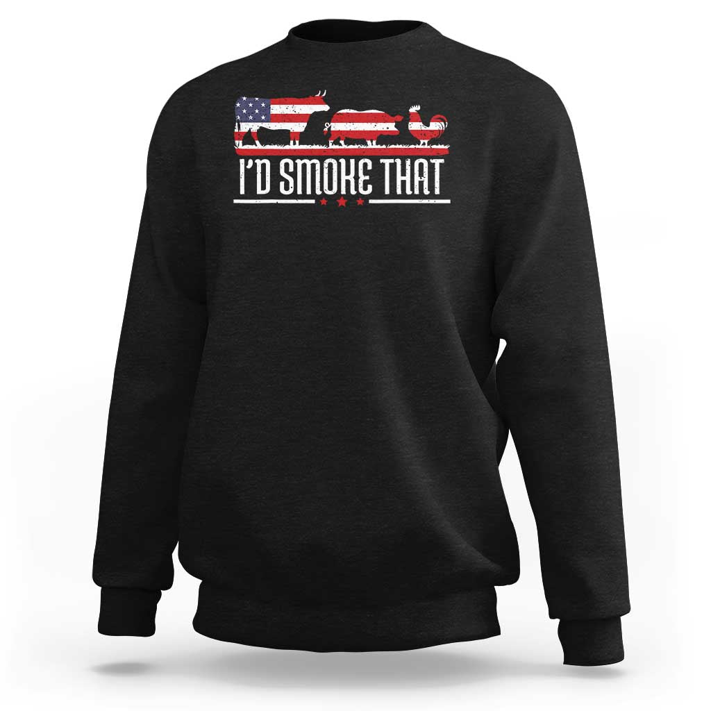 BBQ sweatshirt in black with “I’d smoke that” graphic and American flag chef motif