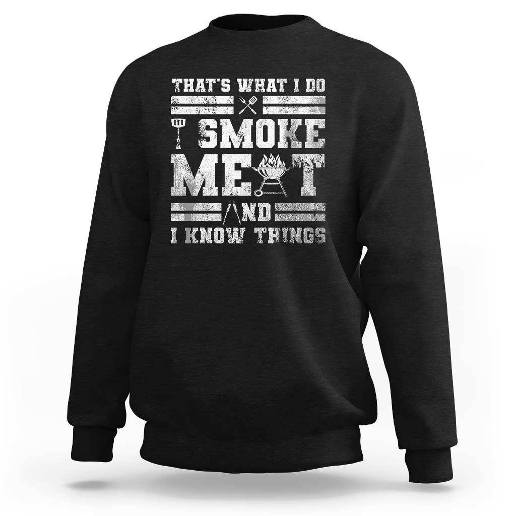 Black crewneck sweatshirt with BBQ grill slogan graphic on back