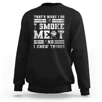 Black crewneck sweatshirt with BBQ grill slogan graphic on back