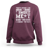 Maroon crewneck sweatshirt with BBQ grill slogan graphic on back