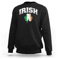 Black crewneck sweatshirt with 'IRISH' lettering and shamrock clover graphic