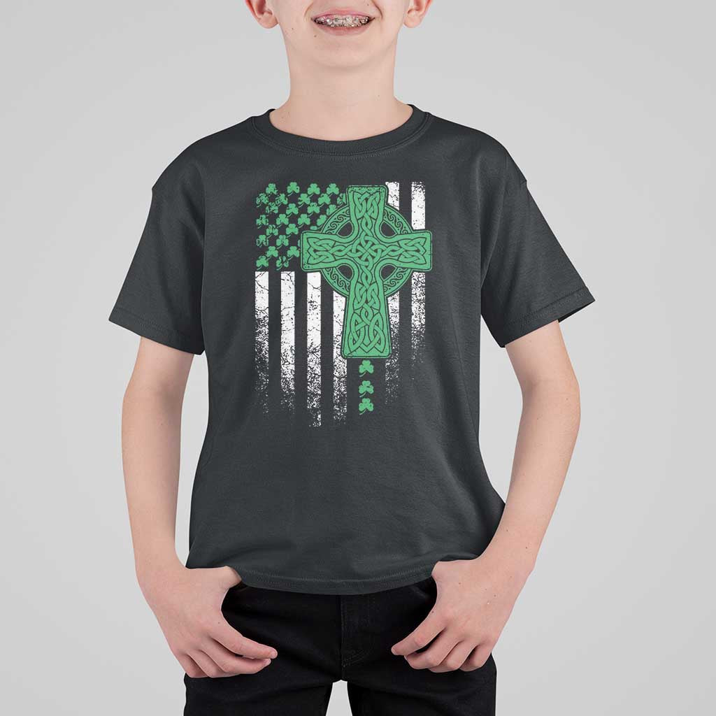 St Patricks Day American Flag T Shirt For Kid Celtic Cross Shamrocks