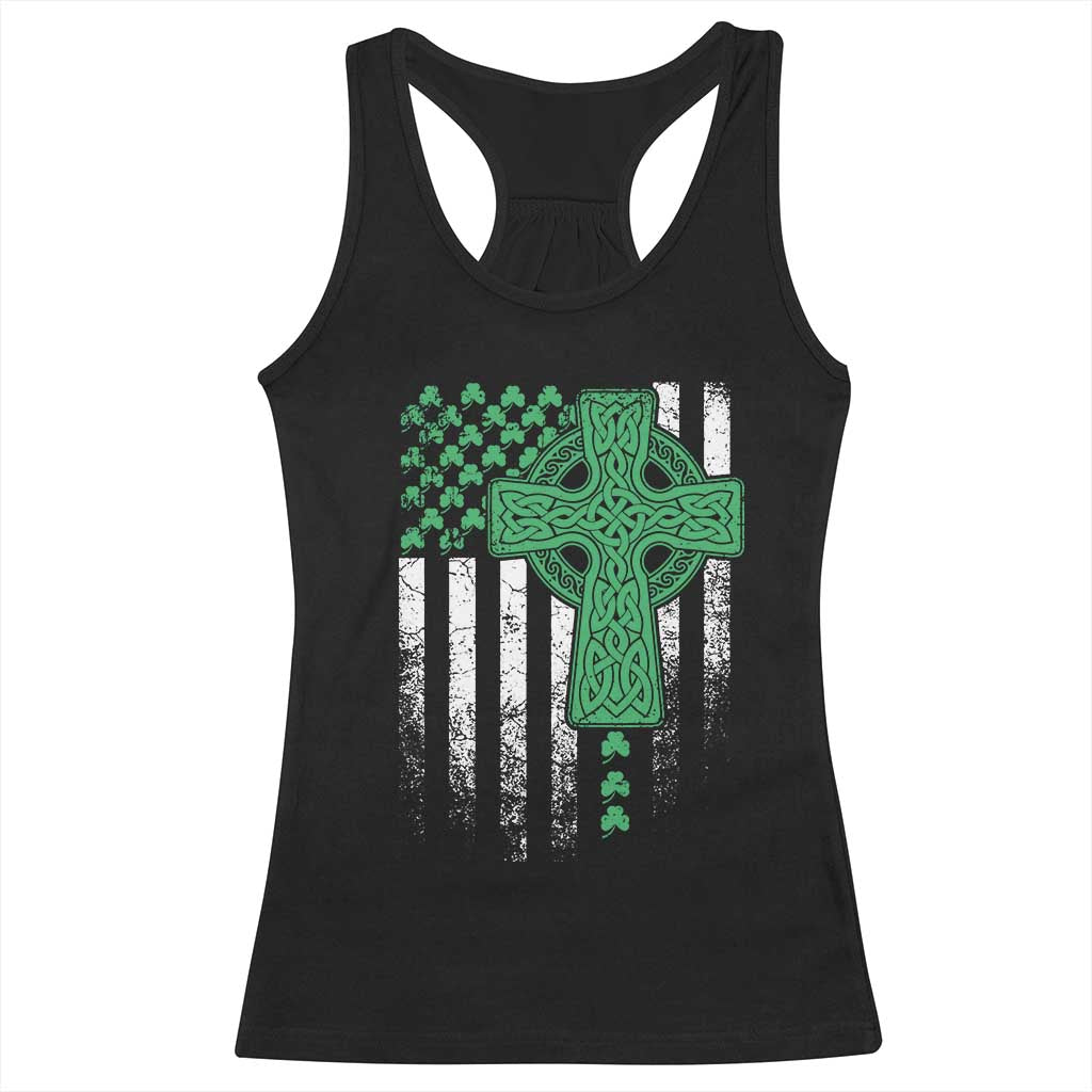 St Patricks Day American Flag Racerback Tank Top Celtic Cross Shamrocks