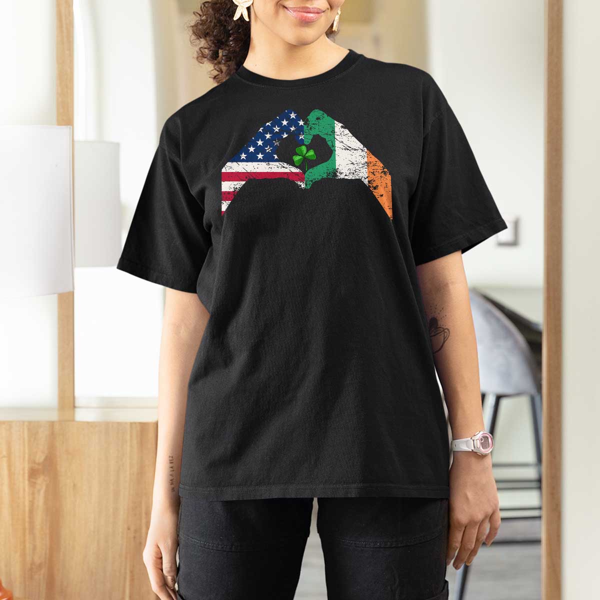 America Ireland Flag T Shirt For Women Lucky Shamrock Vintage American Irish Roots