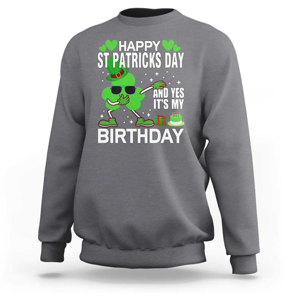 Dark heather gray St. Patrick's Day birthday sweatshirt with green shamrock design