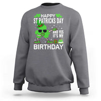 Dark heather gray St. Patrick's Day birthday sweatshirt with green shamrock design