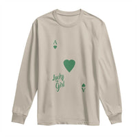 Girls long sleeve shirt, sand, with green shamrock and "Lucky Girl" heart graphic