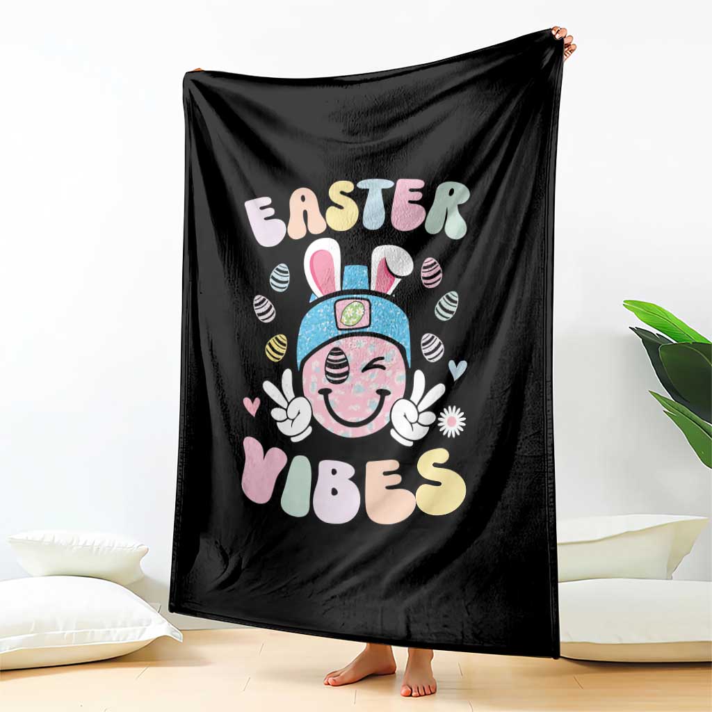 Groovy Easter Vibes Throw Blanket Retro Bunny Smile Eggs - Wonder Print Shop