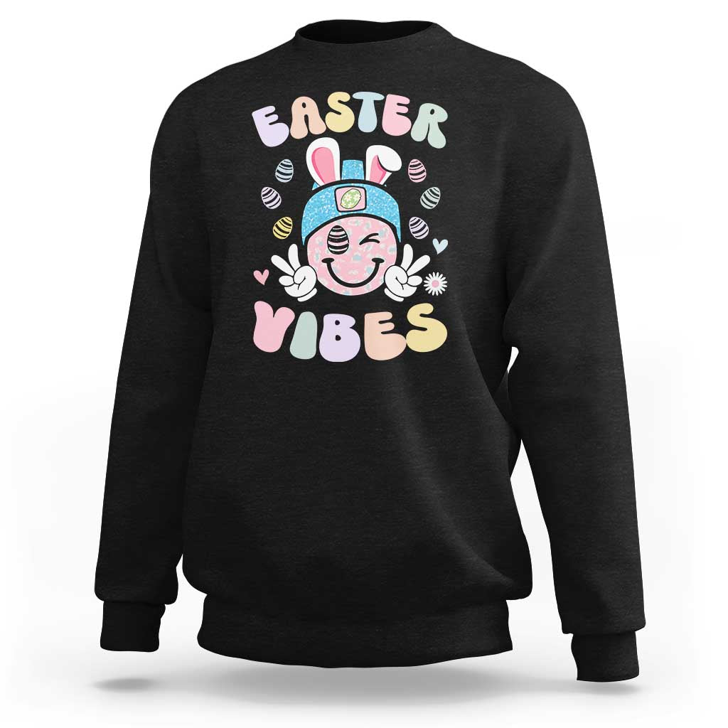 Groovy Easter Vibes Sweatshirt Retro Bunny Smile Eggs - Wonder Print Shop