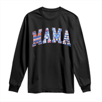 Black long-sleeve graphic T-shirt with colorful “MAMA” 4th of July print