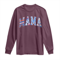 Maroon long-sleeve graphic T-shirt with colorful “MAMA” 4th of July print
