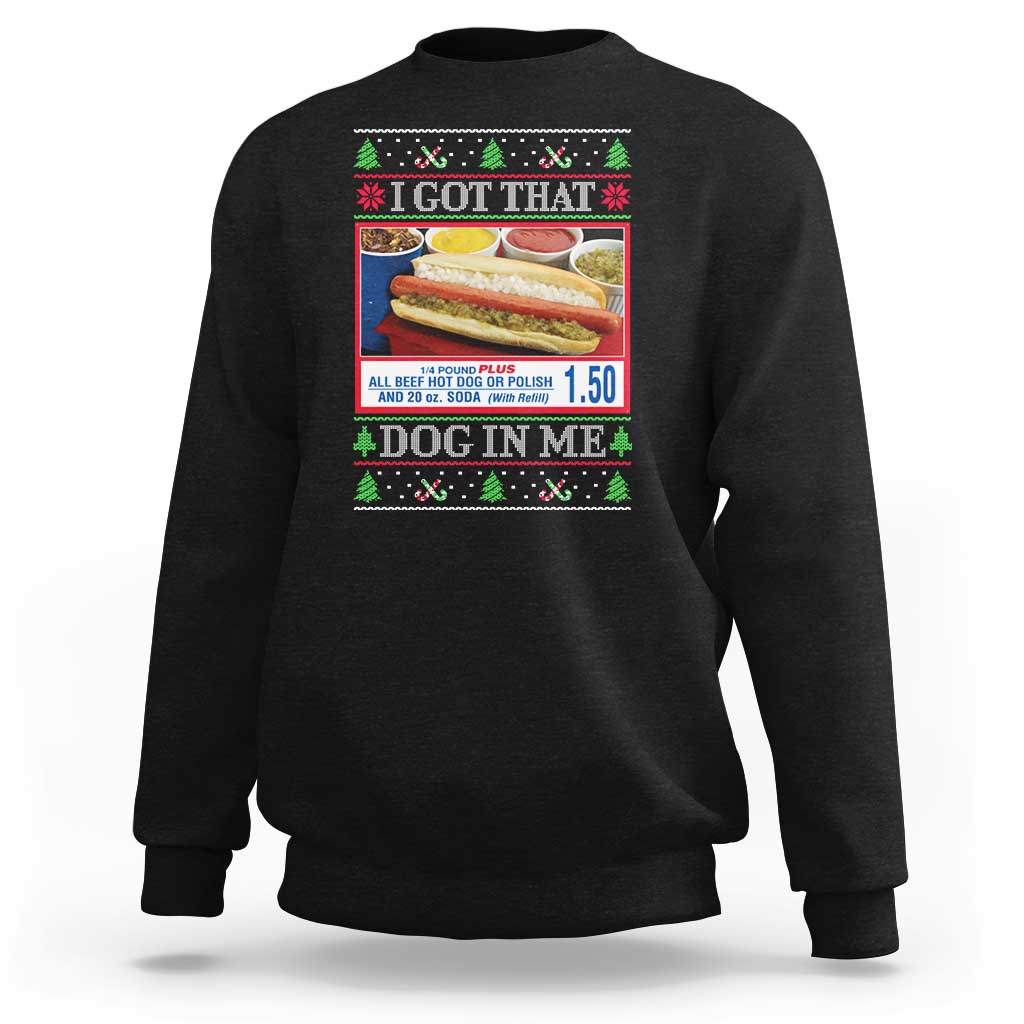 Men's ugly Christmas sweatshirt in black with hot dog graphic and festive trim