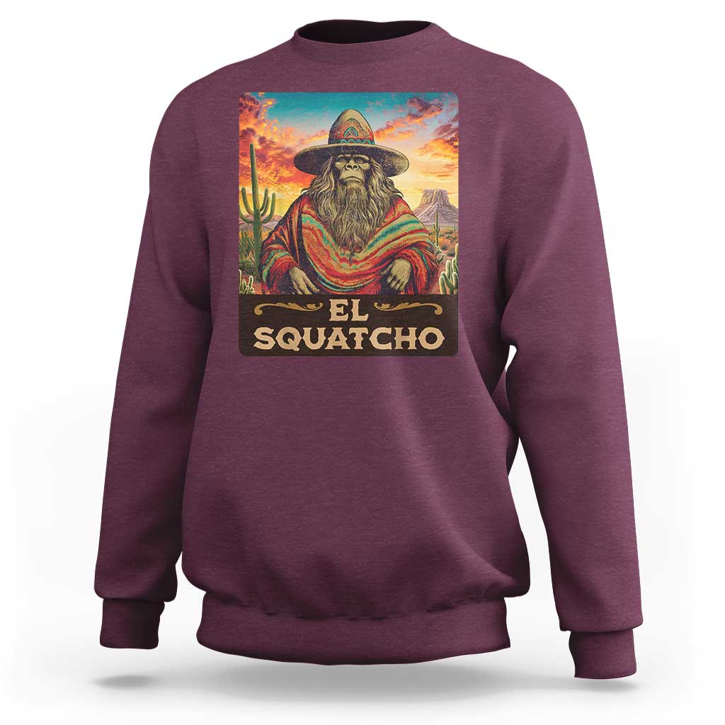 Maroon Bigfoot crewneck sweatshirt with large front 'El Squatcho' graphic