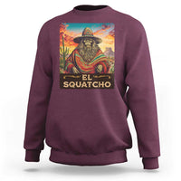 Maroon Bigfoot crewneck sweatshirt with large front 'El Squatcho' graphic