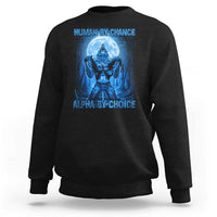 Black crewneck sweatshirt with blue wolf graphic and 'Alpha by Choice' text.