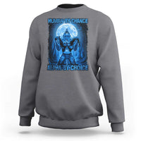 Charcoal gray crewneck sweatshirt with blue wolf graphic and 'Alpha by Choice' text.