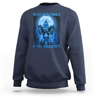 Navy crewneck sweatshirt with blue wolf graphic and 'Alpha by Choice' text.