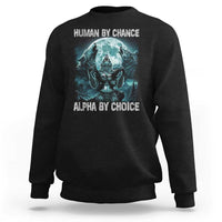 Black crewneck sweatshirt with wolf graphic and 'Human By Chance' text