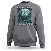 Charcoal heather crewneck sweatshirt with wolf graphic and 'Alpha By Choice' text