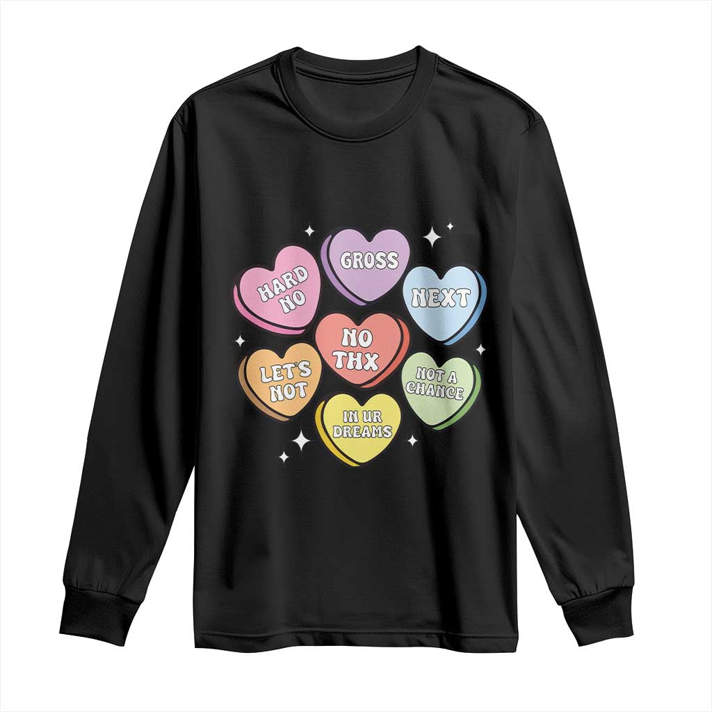 Black long-sleeve T-shirt with colorful heart graphic and short text