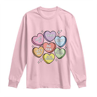 Light pink long-sleeve T-shirt with colorful heart graphic and short text