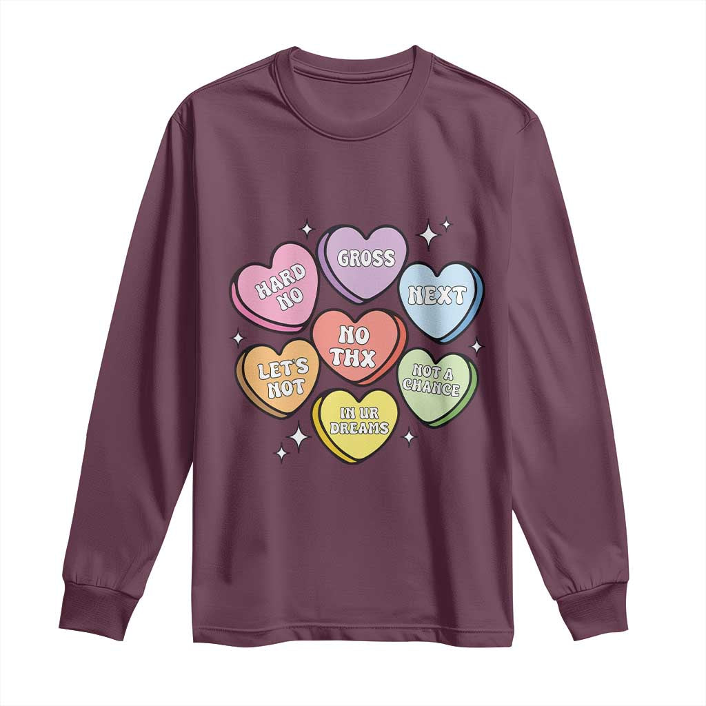Maroon long-sleeve T-shirt with colorful heart graphic and short text