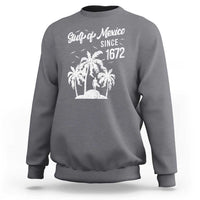 Charcoal heather Gulf of Mexico sweatshirt with palm tree graphic and Since 1672 print