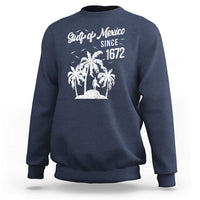 Navy Gulf of Mexico sweatshirt with palm tree graphic and Since 1672 print
