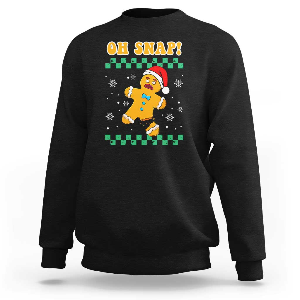 Black Christmas sweatshirt with "Oh Snap" gingerbread character graphic
