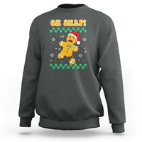 Dark heather Christmas sweatshirt with "Oh Snap" gingerbread character graphic