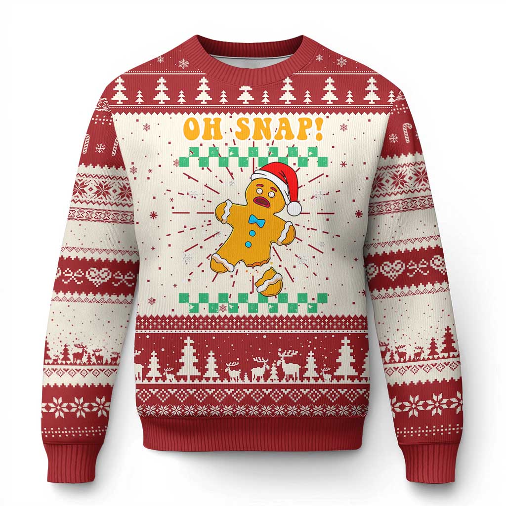 Red Christmas sweater with gingerbread 'Oh Snap!' front graphic