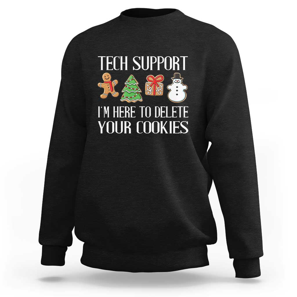 Black crewneck sweatshirt with Tech Support holiday graphic and cookie-delete text