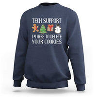Navy crewneck sweatshirt with Tech Support holiday graphic and cookie-delete text